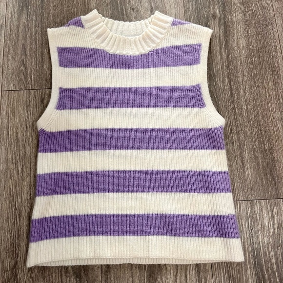 Cotton Emporium Sweaters - Striped Mock Neck Sweater Vest Ivory Lavender S